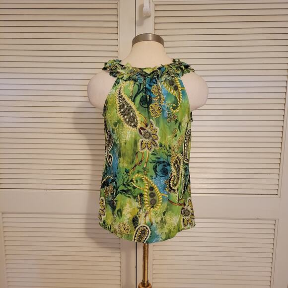 Inois Y2K Ruffle Neck Paisley Sleeveless Blouse Green Size Small - Picture 2 of 8